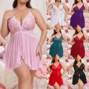 Lace Plus SIze Women Floral V-Neck Lingerie Babydoll Nightdress Thong Sleepwear - Picture 1 of 29