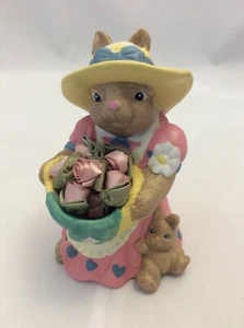 Ceramic Bisque Mama Bunny Rabbit w/Baby Basket Fabric Roses - Picture 1 of 5