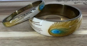 Juego De 2 Pulseras Brazalete Pluma De Pavo Real De Colección - Imagen 1 de 5