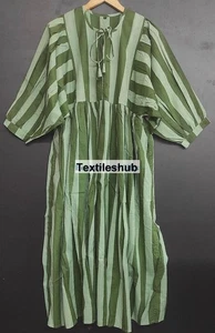 Indian Cotton Green Striped Print Maxi Gown, Deep Neck Dress Women's Clothing US - Picture 1 of 6