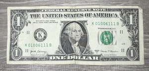 4 1s, 3 0s Position Fancy Serial Number $1 Dollar Bill K01006111B - Picture 1 of 2