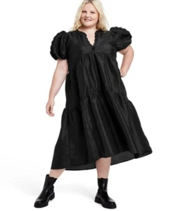Kika Vargas x Target Kleid 3X schwarz abgestuft Rüschenkante Puffärmel Midi neu mit Etikett Lite - Bild 1 von 19