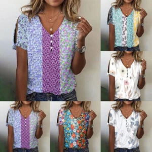 Plus Size Womens Summer Tops Blouse Ladies V Neck Short Sleeve Tee T-Shirts ✿ - Picture 1 of 17