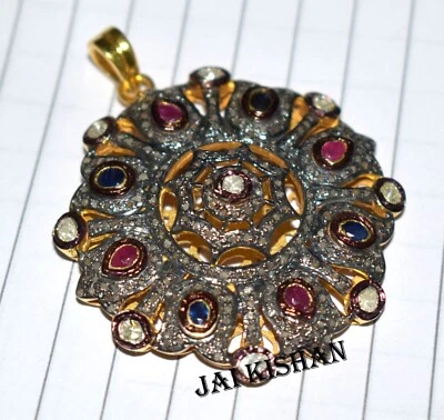 Colgante victoriano de plata de ley 925 con piedras preciosas de rubí de diamantes pavé Polki regalos Foto 1 de 4