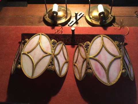 A Pair of Tiffany Studios Signed Bronze & Slag Glass Wall Sconces Cover
