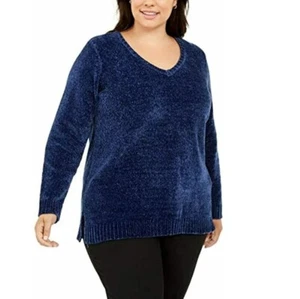Karen Scott Womens Plus 2X Estate Blue V Neck Long Sleeve Sweater NWT BQ70 - Picture 1 of 4