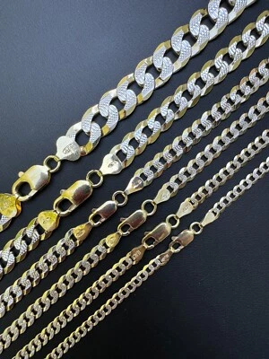 Cuban Link Chain 14k Gold Plated Real Solid 925 Silver Two Tone ITALY 3-10.5mm - Image 1 of 4