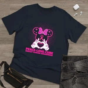 Personaje de dibujos animados paz amor cura concientización sobre el cáncer de mama camiseta, cinta rosa - Imagen 1 de 7