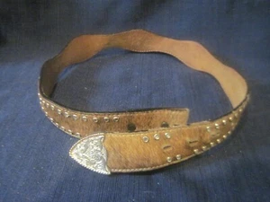 Vntg Ranger Belt Co. Western Cow Hide Belt Bling Grommets Calf Hair Women's 28 - Picture 1 of 7