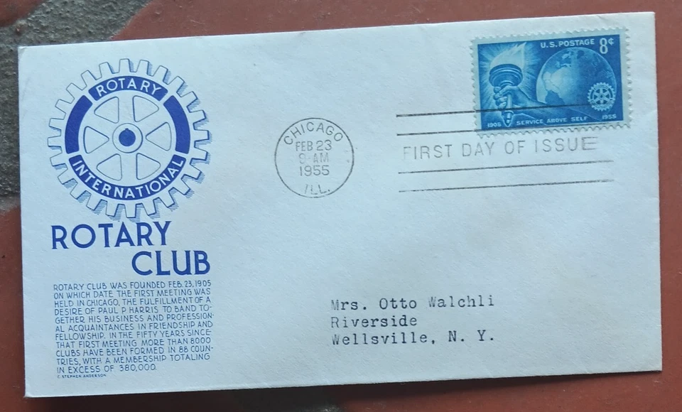 STATUE OF LIBERTY TORCH ROTARY INTERNATIONAL 1955 BLUE ANDERSON CACHET FDC - Image 1 of 1