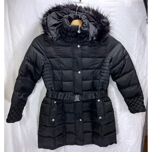 Betsey Johnson Black Puffer Coat XL Removable Faux Fur Hood Belted Winter - Picture 1 of 8