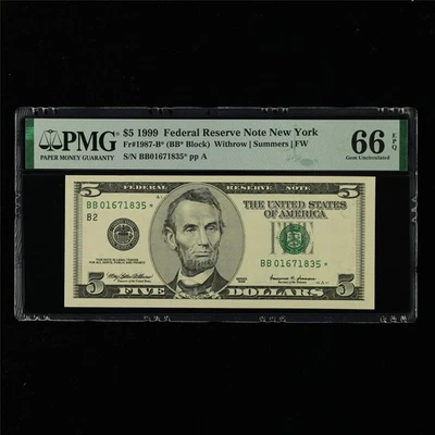 1999 Federal Reserve Note New York 5 Dollars Fr#1987-B* PMG 66 EPQ Gem UNC - Image 1 of 4