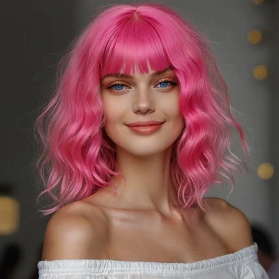 Peluca ondulada corta rosa de 12 pulgadas con flequillo peluca de cabello sintético rizado moda diaria Foto 1 de 4