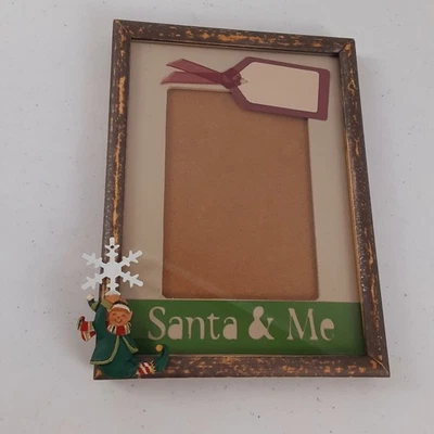 Hand Decorated Photo Frame Santa & Me Christmas Picture Frame w/ Resin Elf Green - Image 1 of 4