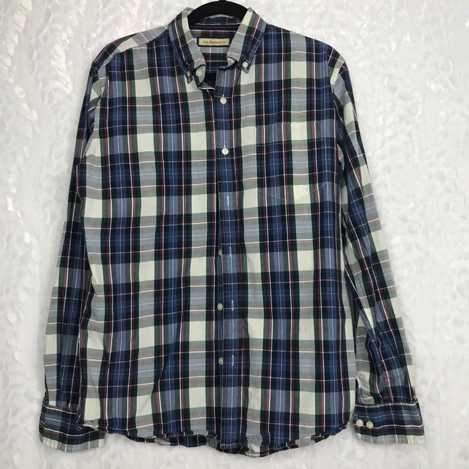 Camisa de vestir GH Bass para hombre azul verde amarillo a cuadros. 100% algodón talla mediana  Foto 1 de 3