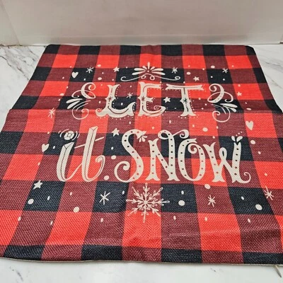 Let It Snow Throw Pillow Cover Sofa 18X18" Red /GREEN Plaid Snow - Image 1 of 2