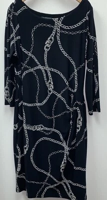 L AUREN RALPH LAUREN Negro Dorado Cadena Eslabón Jersey Vestido Cuello Barco Pullover Talla 14 Foto 1 de 4