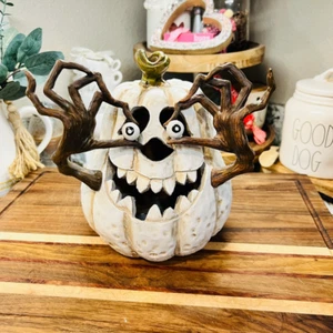 White Light Up Jack-O-Lantern Spooky Pumpkin Halloween Decor - Picture 1 of 5