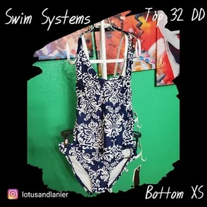 Swim Systems Navy Blue/ White Tankini Bikini Set Top 32DD  / Bottom XS - Picture 1 of 11