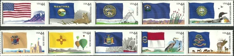 US Scott #4303-4312 44c Flags of Our Nation, Two Strips of 5 Stamps Each Cover