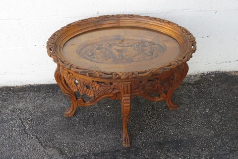 Heavy Hand Carved Cherub Coffee Table with Glass Top Serving Tray 4053 Cover