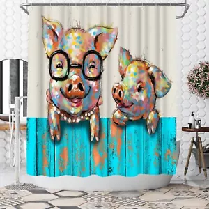 Country Shower Curtain Funny Pig Bath Curtain Turquoise Shower Curtain Bathro... - Picture 1 of 5