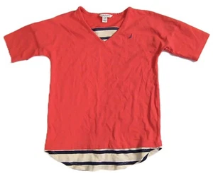 Nautica Girls Short Sleeve V-Neck Pullover Double Strip T-Shirt Pink Size 7 G001 - Picture 1 of 4