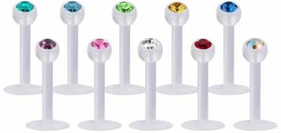 Ohr Helix Tragus Piercing SET 10 Acryl Labret Stecker 1,2mm mit Kristall Kugel - Bild 1 von 3