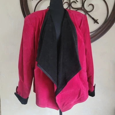 VTG Avanti Magenta Black Suede Open Front Suede Leather Jacket Shoulder Pads✨️M - Image 1 of 4
