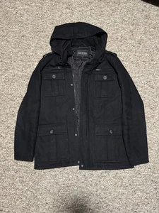GUESS Wool Jacket Mens XL Military Style 4 Pocket Utility Lined Black Coat Hood - Picture 1 of 5