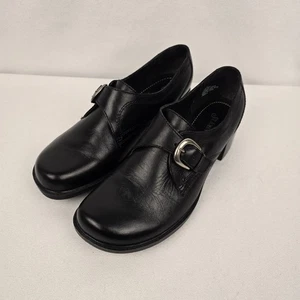 Womens Loafer 8.5M Black Leather Buckle Block Heel 90s Dark Academia Witchy Work - Picture 1 of 10