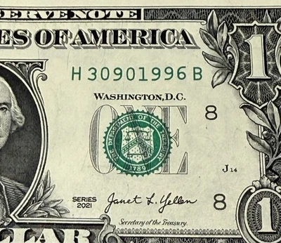 March 9th 1996 Birthday Note Fancy Serial Number One Dollar Bill 30901996 - Image 1 of 3