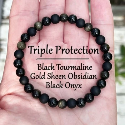Triple Protection 6mm Black Matte Onyx Tourmaline Obsidian Stone Bracelet - Image 1 of 4