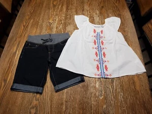 Girls White Peasant Top S/S Shirt Bermuda Jeans Shorts M 7/8 TCP Arizona 2pc EUC - Picture 1 of 13