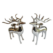 Art Deco Deer 7.5" x 7" Brass Chrome Candle Holders Vintage Reindeer