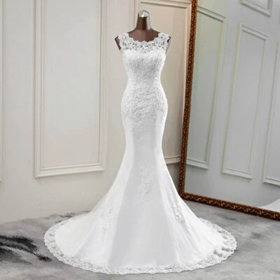 Elegante vestido de novia de sirena sin mangas con apliques de encaje tren de barrido vestido de novia Foto 1 de 4