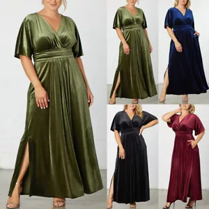 Womens Velvet Wrap V Neck Maxi Dress Ladies Evening Cocktail Party Gown Dresses - Picture 1 of 21