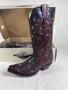 Pecos Belle Hand-Fashioned Boots Black/Red Leather w/Studs Women's Sz 8M NIB - Picture 1 of 5