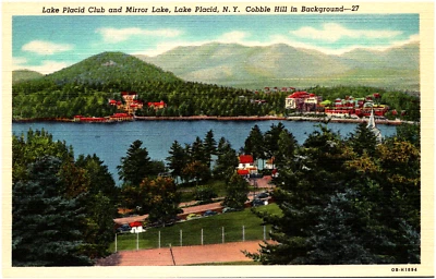 Lake Placid Club and Mirror Lake New York Cobble Hill 1940s Linen Postcard - Image 1 of 2