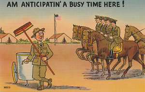 Vintage Linen WW2 Postcard Army Am Anticipatin' A Busy Time Here! Tichnor Unused