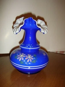 Fenton Hand Painted Cobalt Blue Overlay Vase - Picture 1 of 6