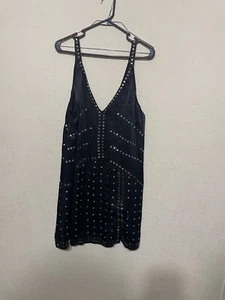 Anthropologie Mini Dress Large Black Satiny Studded Low Cut Sexy - Picture 1 of 10
