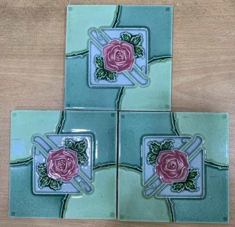 Tiles 3 pc England Rare Antique Vintage Art Deco Majolica Collectible Cover