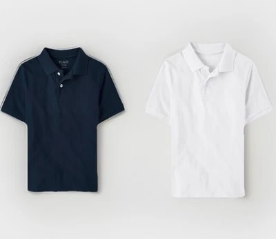 2 Pack The Children's Place Boys Short Sleeve Pique Polo White & Navy Blue M 7/8 - Image 1 of 4