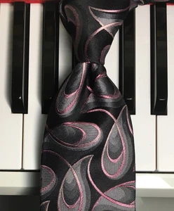 JOHN ASHFORD / Super Stain Resistant Pink, Gray & Black Retro Paisley Silk Tie - Picture 1 of 8