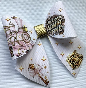PINK POLAR EXPRESS XMAS SAILOR BOW PRINTED CANVAS FABRIC BOW TEMP MAKE HAIR BOWS - Picture 1 of 4