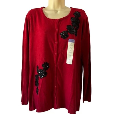 Suéter Cárdigan Rojo Laura Scott Talla L con Apliques Adornados de Lentejuelas Negras Foto 1 de 4