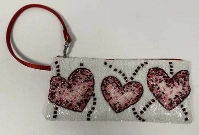 De Colección LIZ CLAIBORNE Bolso Muñequera Corazón Cuentas Cartera Forrado Satinado Rosa Rojo Blanco Foto 1 de 4