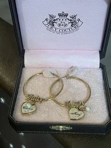 Juicy Couture Vintage Earrings LOVE JUICY Hearts Dangle Hoops Gold Tone In Box - Picture 1 of 4
