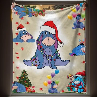 Eeyore Wear Santa Hat Christmas Lights Winnie The Pooh Happy Holidays Blanket - Image 1 of 4